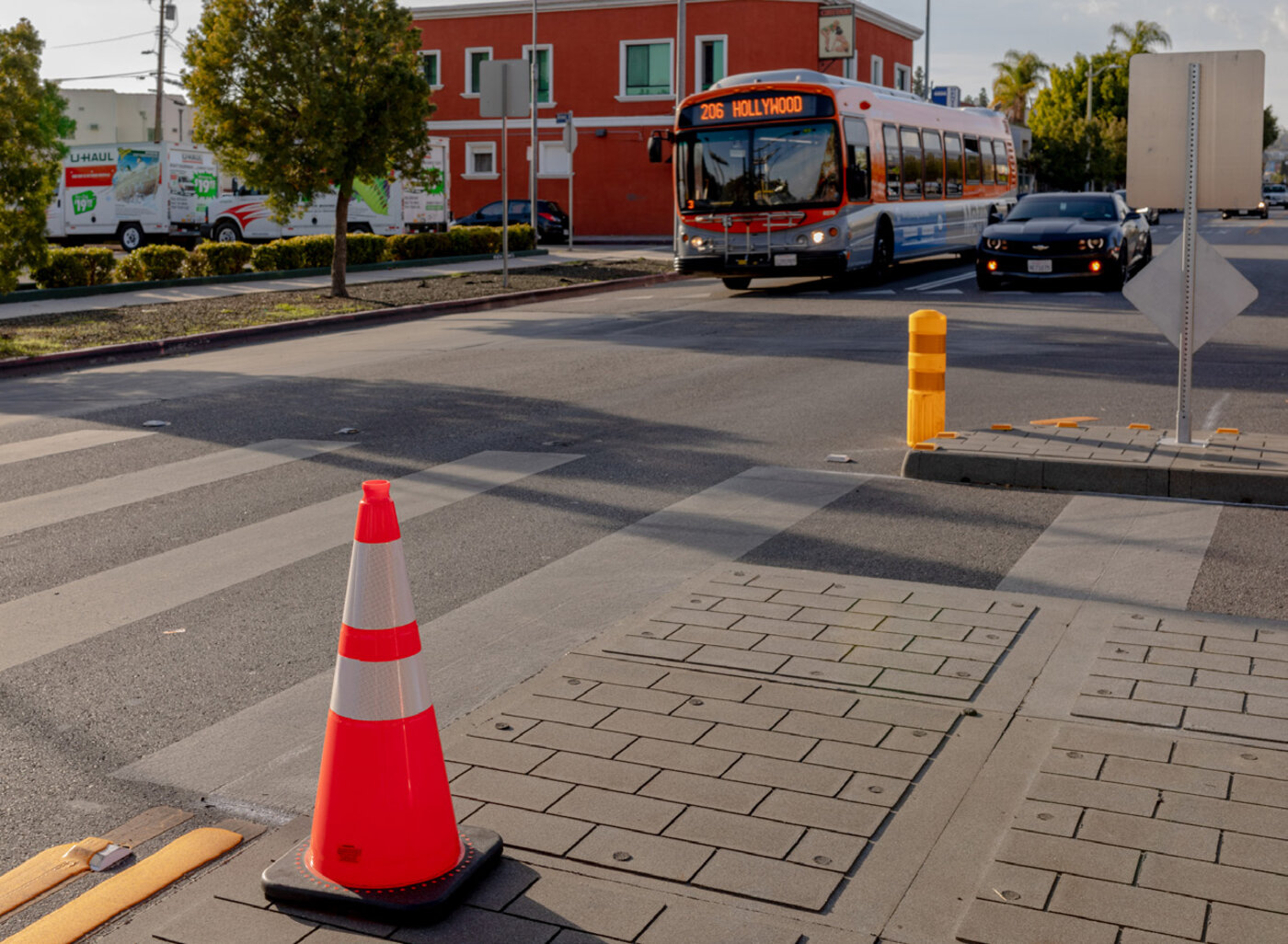 Completed traffic island installation at Hollywood Boulevard